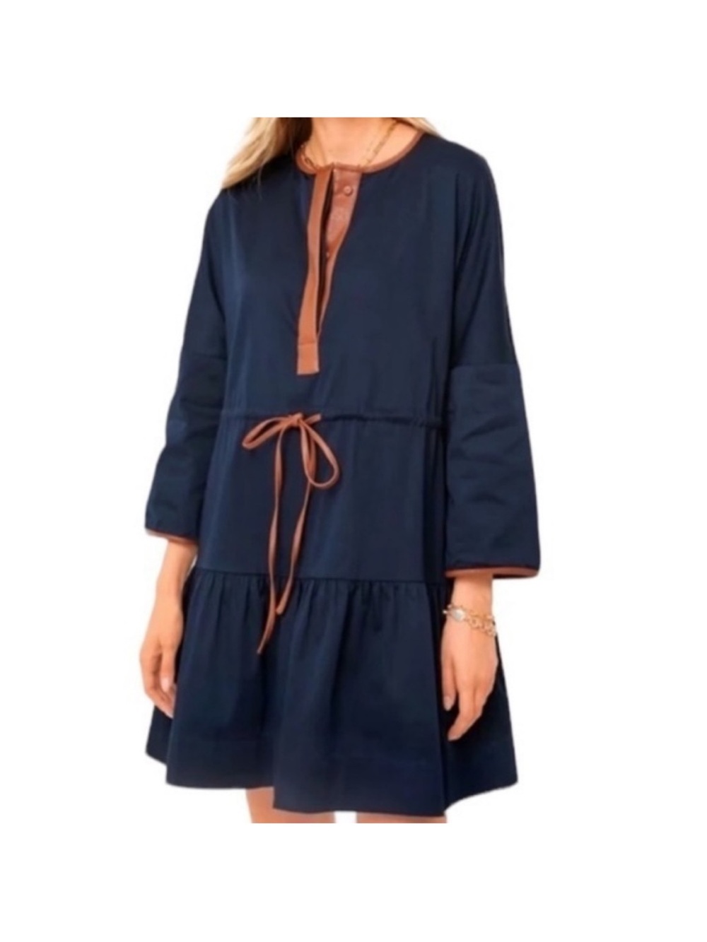 Tuckernuck Navy Tunic Dress with Tan Trim and Tie